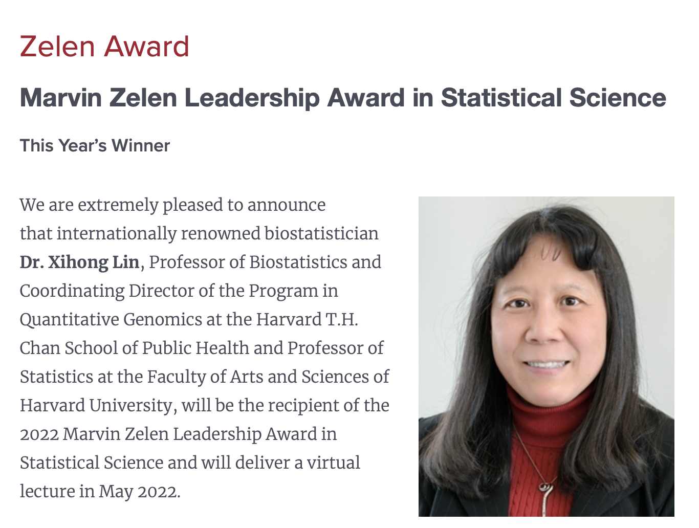 Prof. Xihong Lin Won the Marvin Zelen Leadership Award in Statistical Science